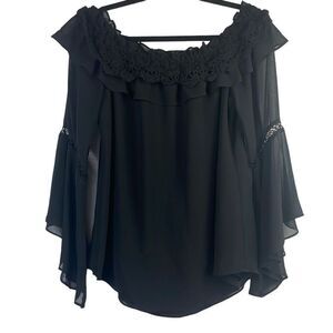 White House Black Market Womens On Off Shoulder Crochet Ruffle Top Black Medium